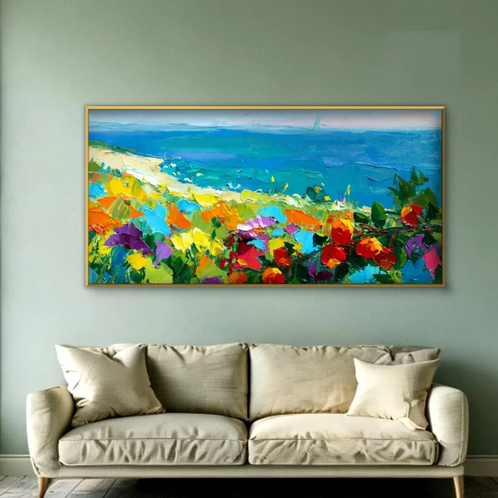 Wildflowers above a deep blue sea canvas in a living room