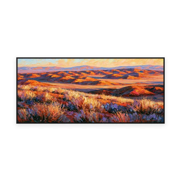 An oversized horizontal palette-knife painting of warm sunset light sweeping across open moorland to distant hills, in thick impasto strokes of saturated orange and violet