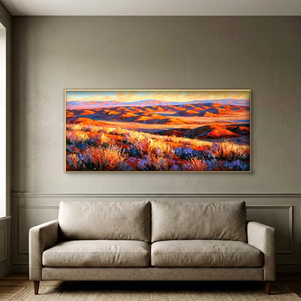 Glowing sunset over open moorland canvas in an elegant living room
