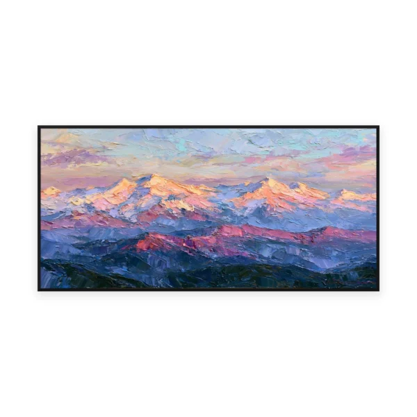 An oversized horizontal palette-knife painting of pink alpenglow on snow-capped peaks above violet foothills, in thick impasto strokes of soft saturated color