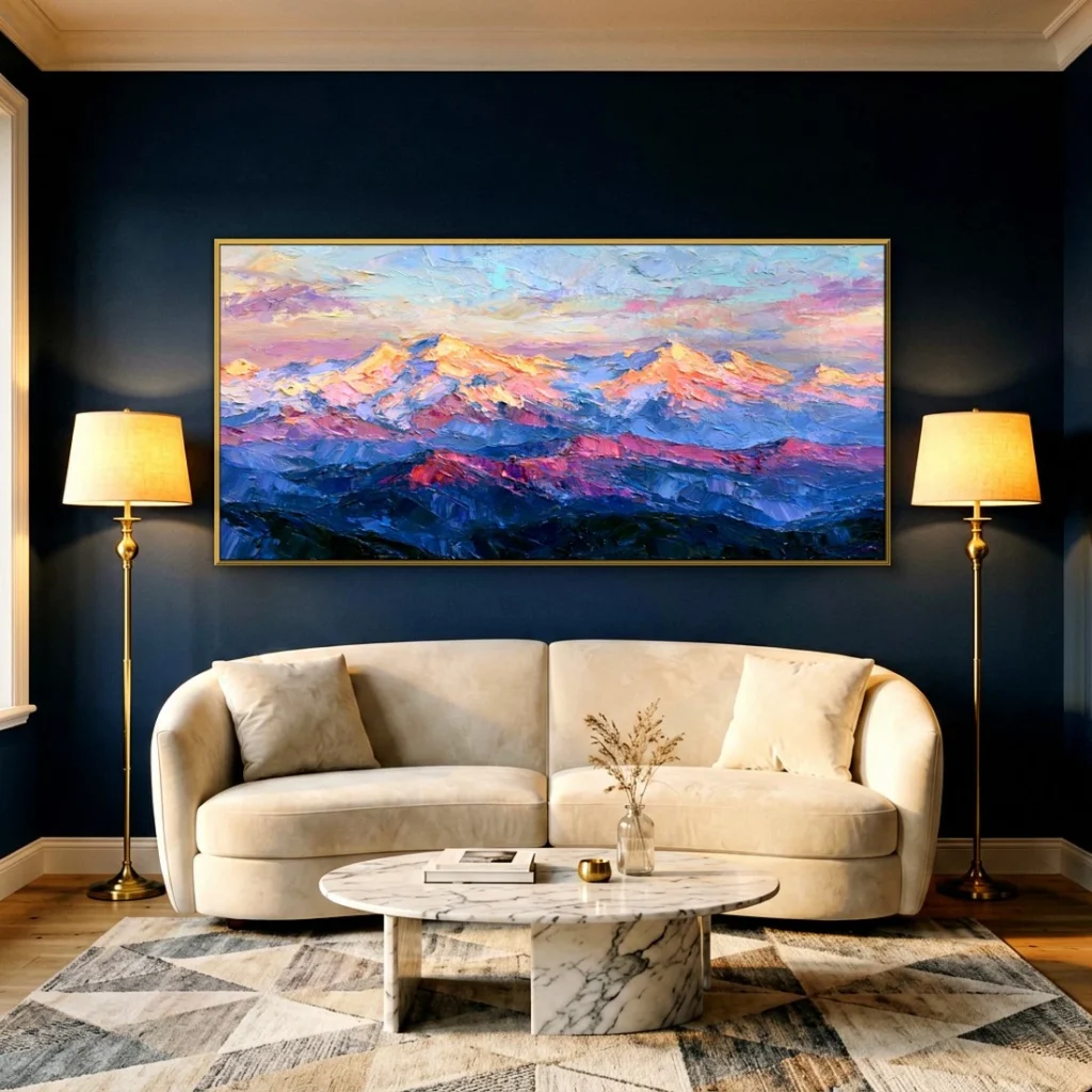Pink alpenglow snowy mountains canvas in a moody living room
