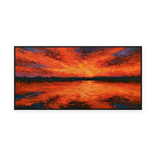 An oversized horizontal palette-knife painting of a blazing orange and red sunset burning over dark still water with a bright central reflection, in thick impasto strokes of intense color