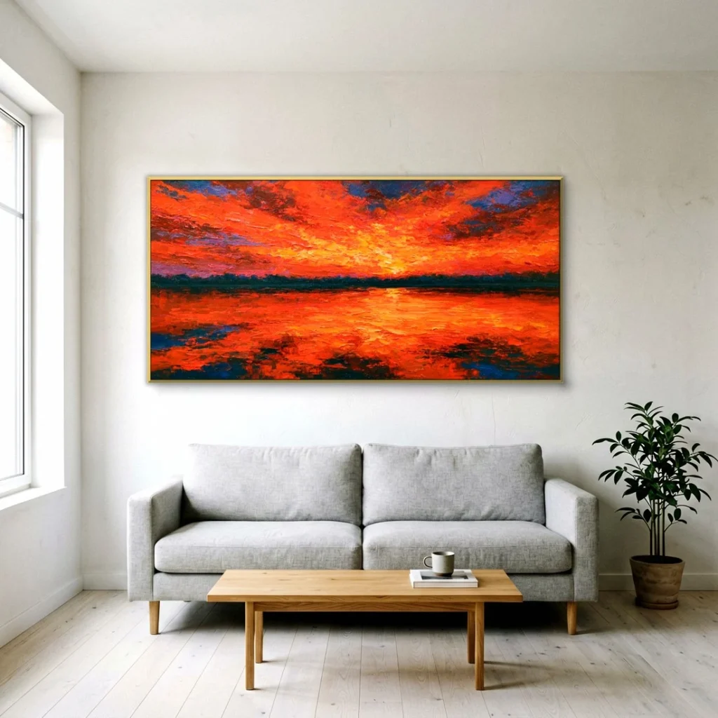 Blazing orange sunset over water canvas in a Scandinavian living room