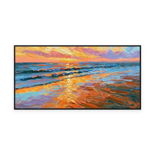 An oversized horizontal palette-knife painting of a golden sunset spreading warm light across wet sand and rolling surf, in thick impasto strokes of saturated orange and blue