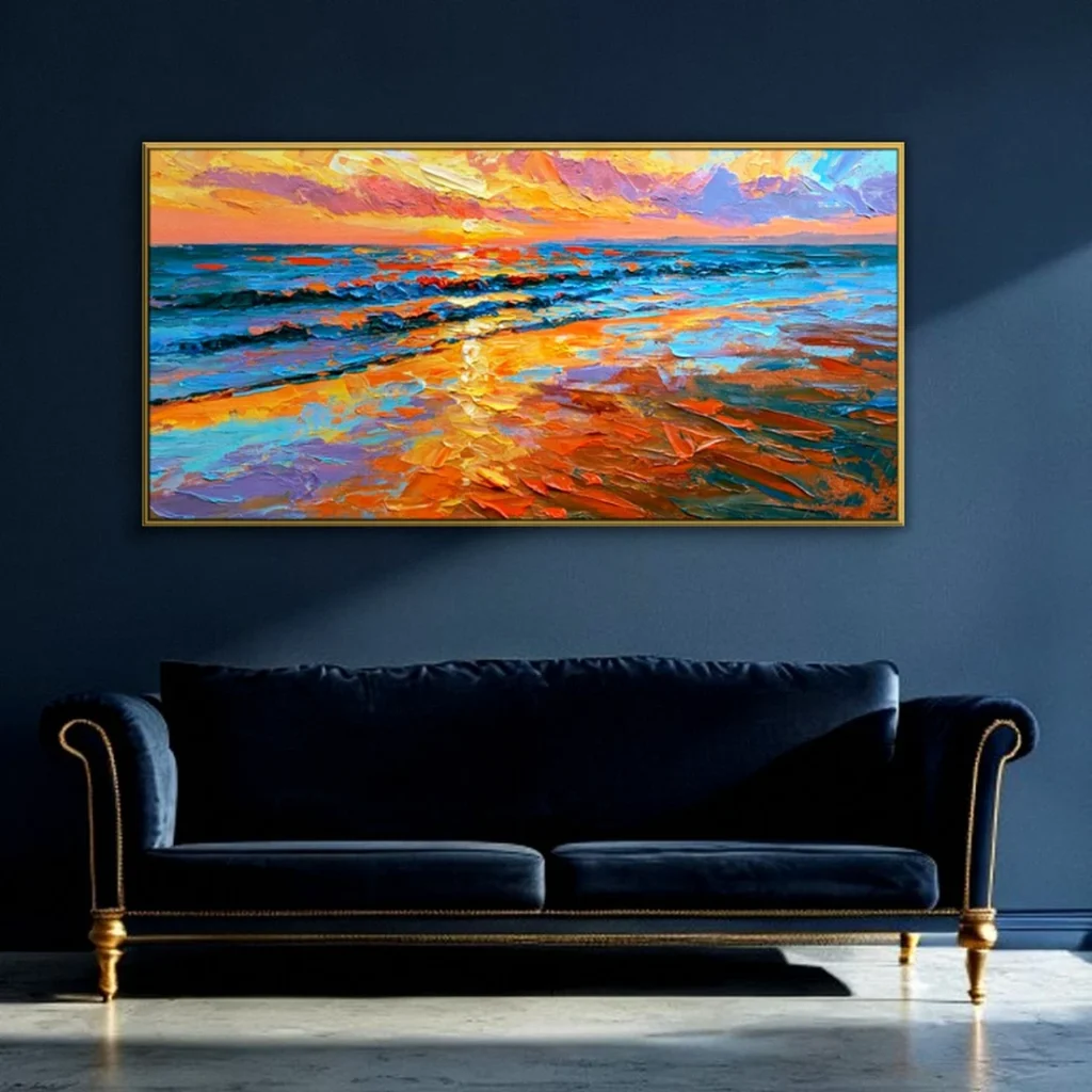 Golden sunset tide and surf canvas in a moody living room
