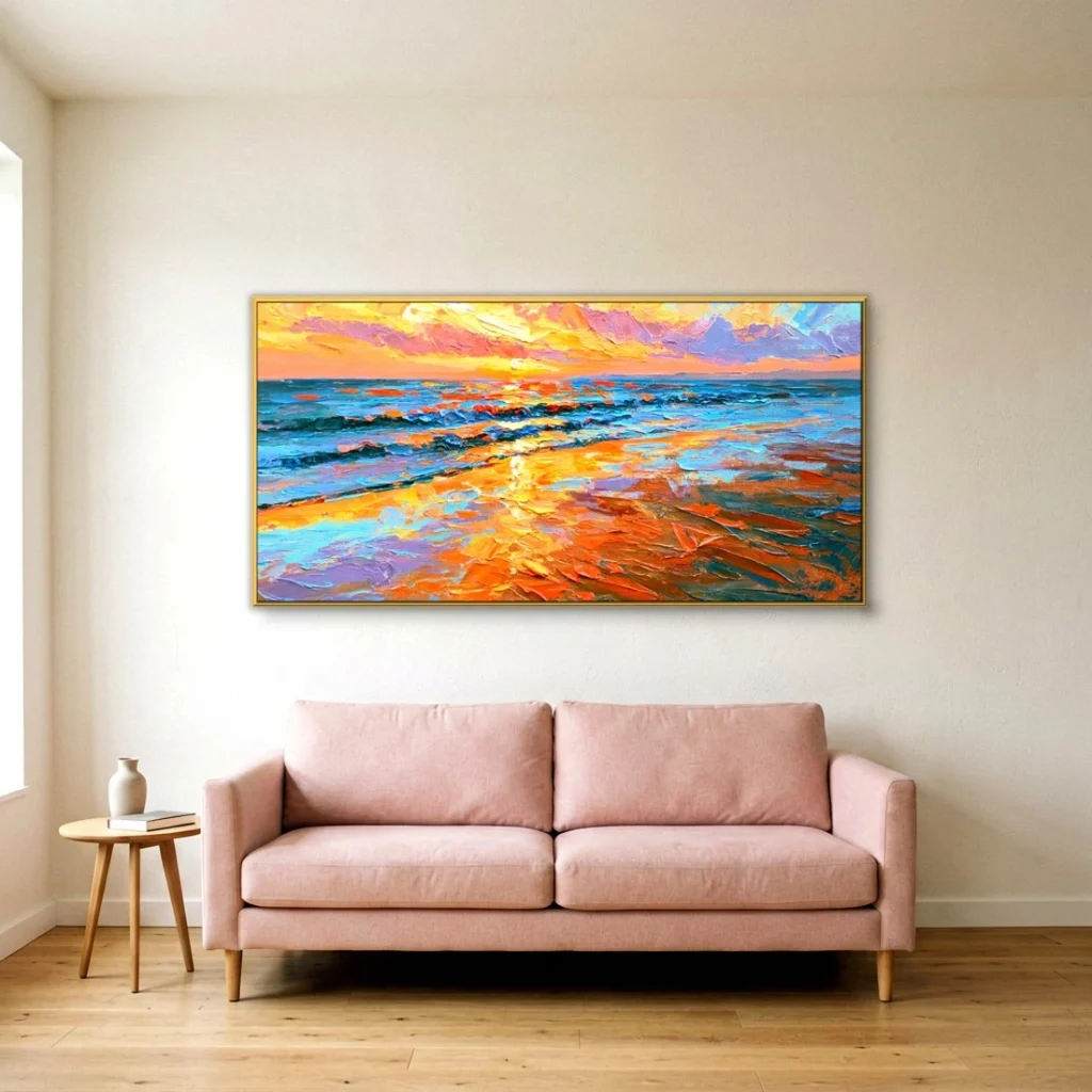 Golden sunset tide and surf canvas in a living room