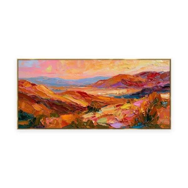 An oversized horizontal palette-knife painting of warm sunset light pouring over a layered mountain valley, in thick impasto strokes of saturated orange and violet
