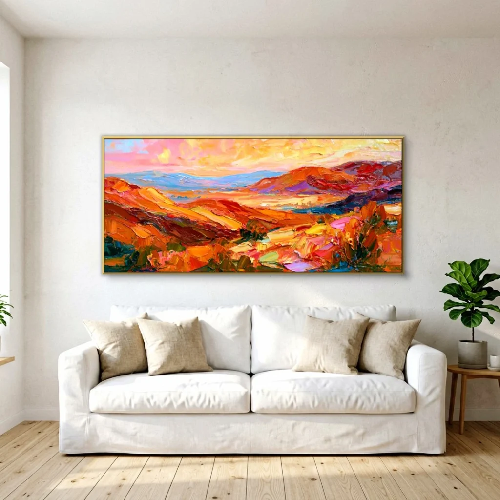 Warm sunset over a mountain valley canvas in a bright living room