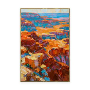 A tall vertical palette-knife painting of a deep canyon glowing orange and blue at sunset, in thick impasto strokes of saturated desert color down the layered rock walls