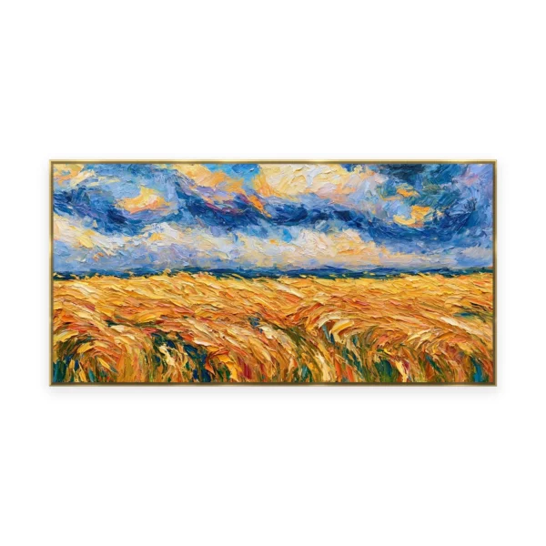 An oversized horizontal palette-knife painting of a golden wheat field swaying below a dramatic blue and gold sky, in thick impasto strokes of saturated color with sweeping texture