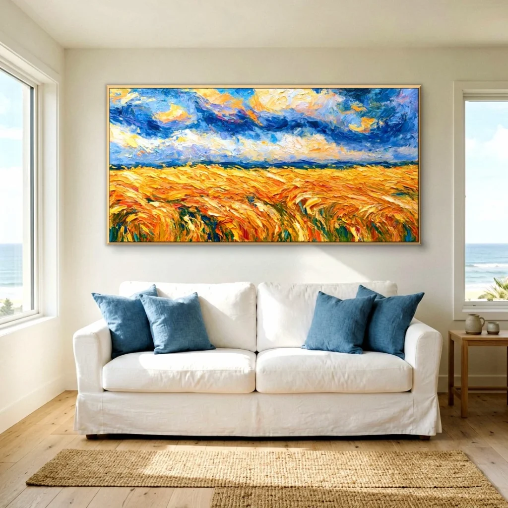 Golden wheat field under dramatic sky canvas in a bright living room