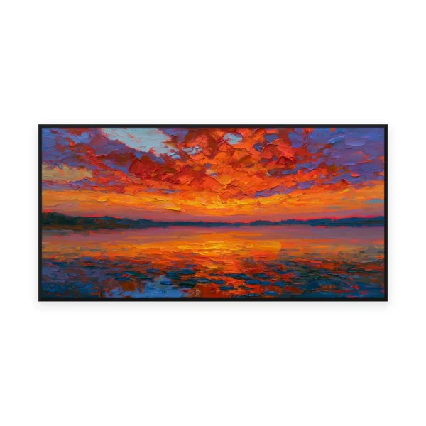 An oversized horizontal palette-knife painting of blazing red and orange sunset clouds burning over dark reflective water, in thick impasto strokes of intense saturated color