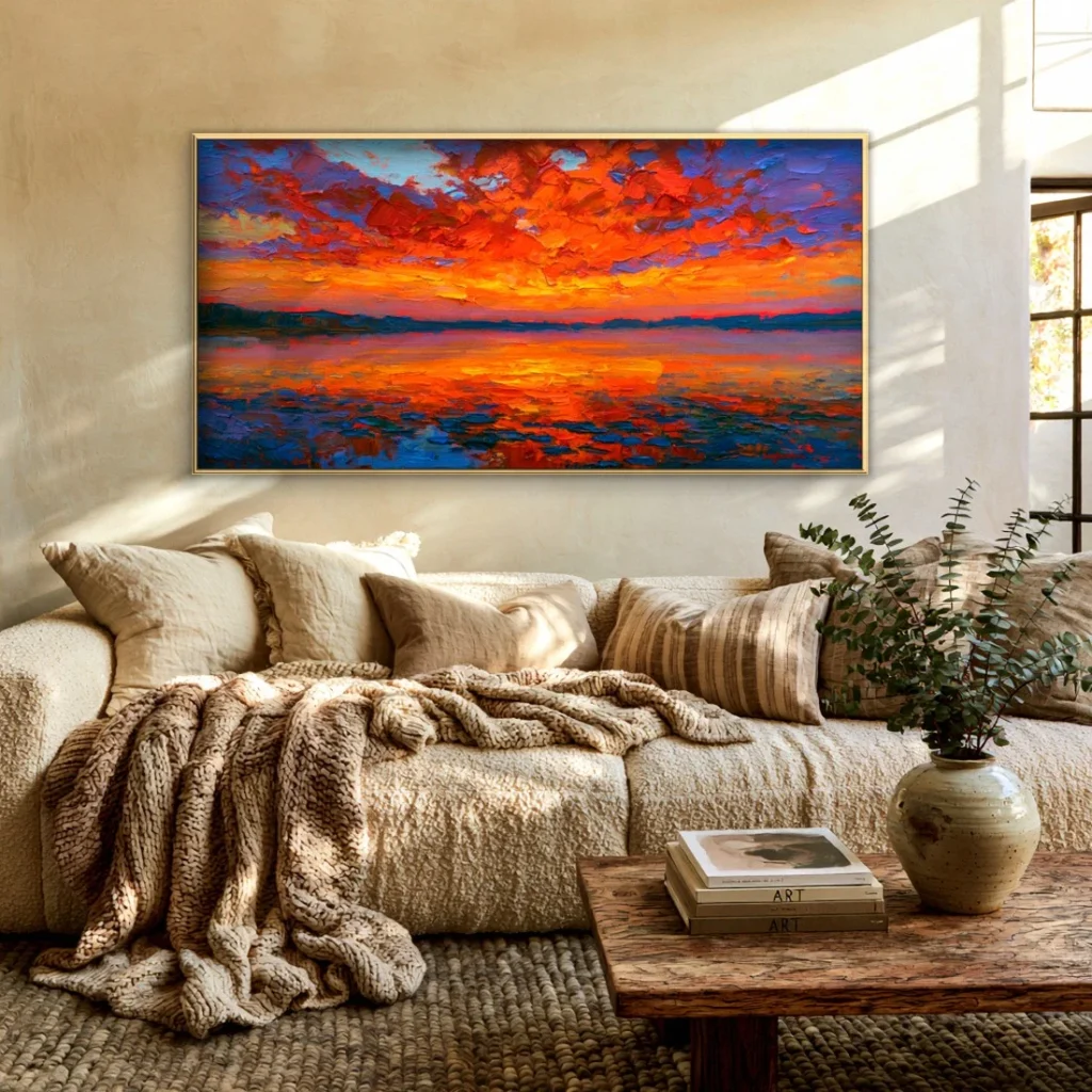 Blazing red sunset clouds over water canvas in a cozy living room