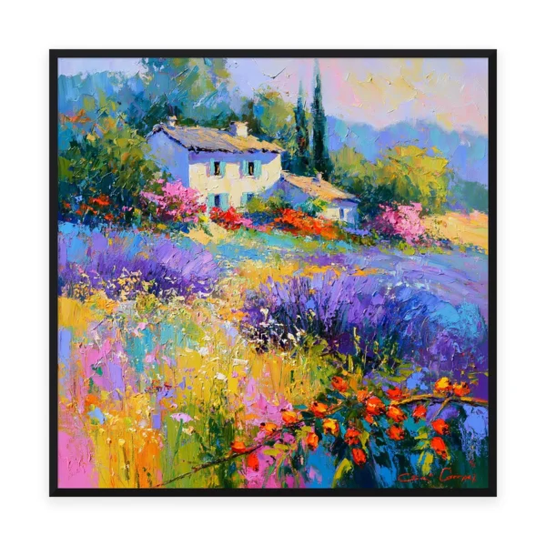A large square palette-knife painting of a Provence stone farmhouse above purple lavender and red poppy fields, in thick impasto strokes of saturated purple and gold