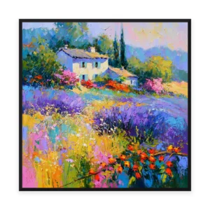 A large square palette-knife painting of a Provence stone farmhouse above purple lavender and red poppy fields, in thick impasto strokes of saturated purple and gold