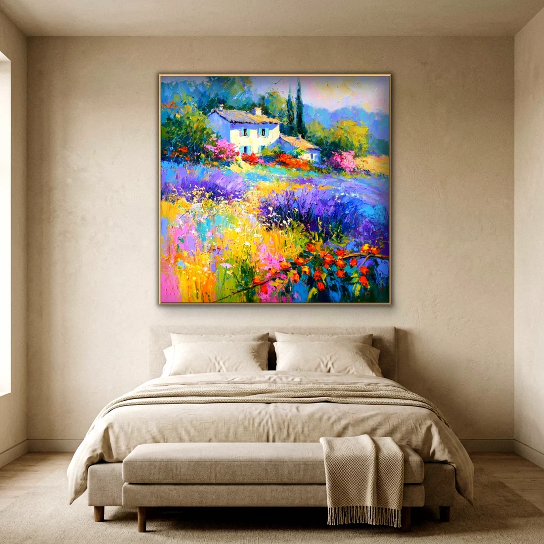 Provence farmhouse and lavender field canvas in a bright living room