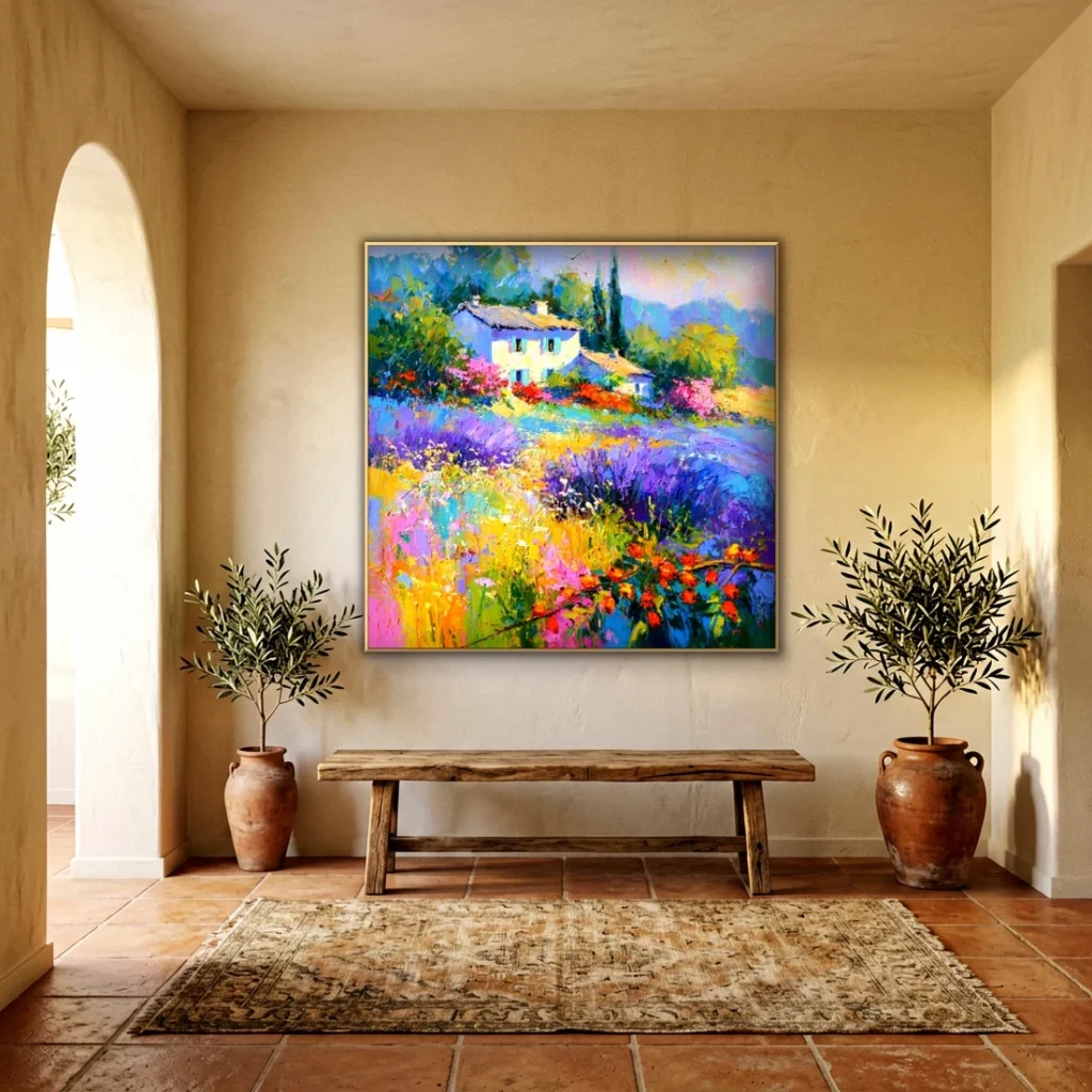 Provence farmhouse and lavender field canvas in a bright bedroom