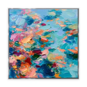 A large square palette-knife painting of pink, coral and turquoise flowers dissolving into an abstract field, in thick impasto strokes of saturated color with sweeping texture