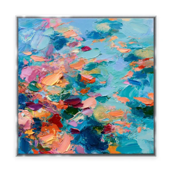 A large square palette-knife painting of pink, coral and turquoise flowers dissolving into an abstract field, in thick impasto strokes of saturated color with sweeping texture