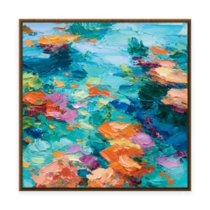 A large square palette-knife painting of orange and coral flowers scattering across an abstract turquoise field, in thick impasto strokes of saturated color with sweeping texture