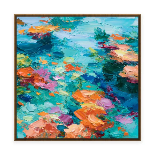 A large square palette-knife painting of orange and coral flowers scattering across an abstract turquoise field, in thick impasto strokes of saturated color with sweeping texture