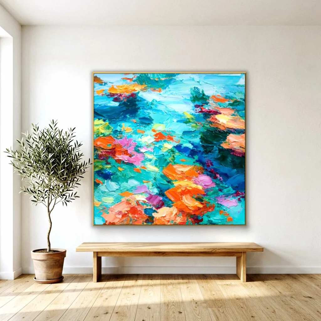 Abstract turquoise orange flower field canvas in a bright living room