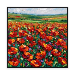 A large square palette-knife painting of a field of red poppies blazing below rolling green hills, in thick impasto strokes of saturated color across the sunlit meadow
