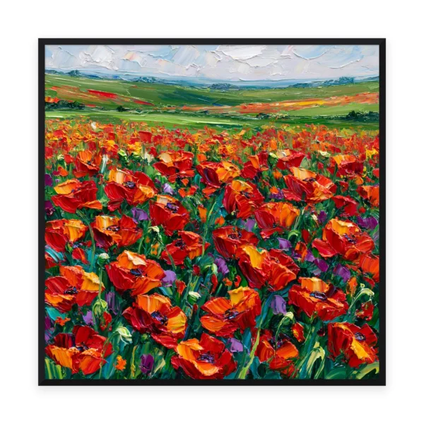 A large square palette-knife painting of a field of red poppies blazing below rolling green hills, in thick impasto strokes of saturated color across the sunlit meadow