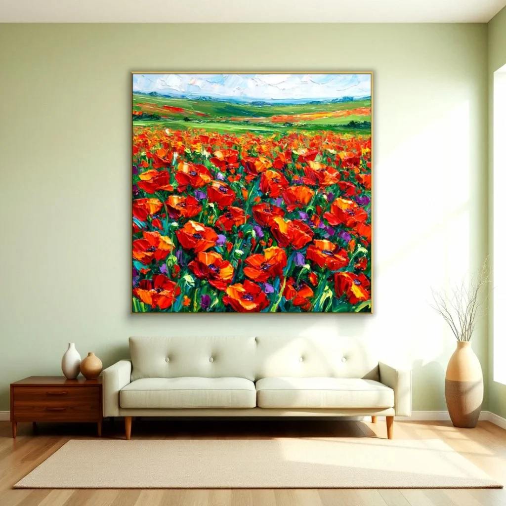 Red poppy field under green hills canvas in a cozy living room