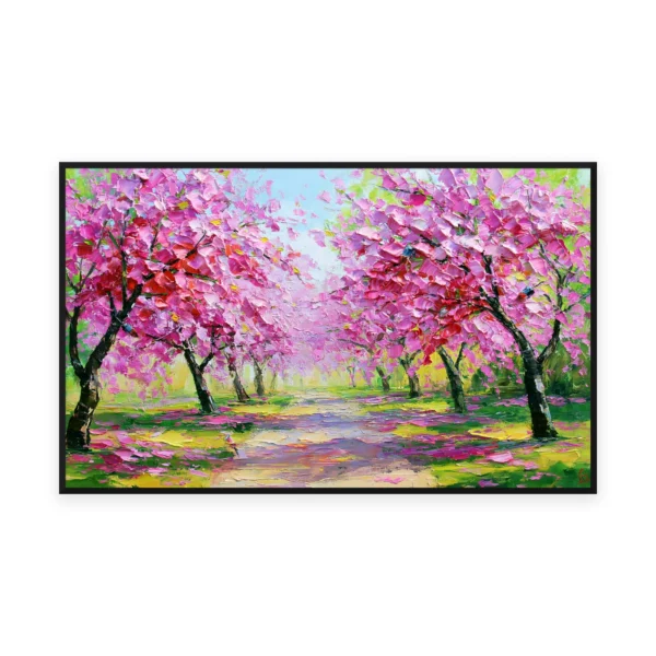 An oversized horizontal palette-knife painting of a pink cherry blossom avenue arching over a path, in thick impasto strokes of saturated pink and green with lively texture