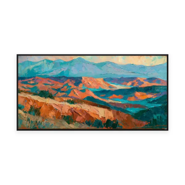 An oversized horizontal palette-knife painting of layered orange and teal canyon hills receding to blue mountains, in thick impasto strokes of saturated desert color