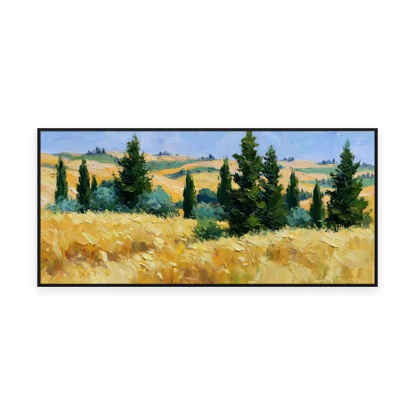 An oversized horizontal palette-knife painting of tall cypress trees lining golden Tuscan hills under a soft sky, in thick impasto strokes of saturated gold and green
