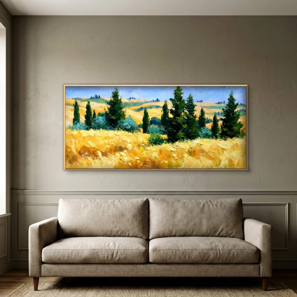 Cypress trees on golden Tuscan hills canvas in an elegant living room