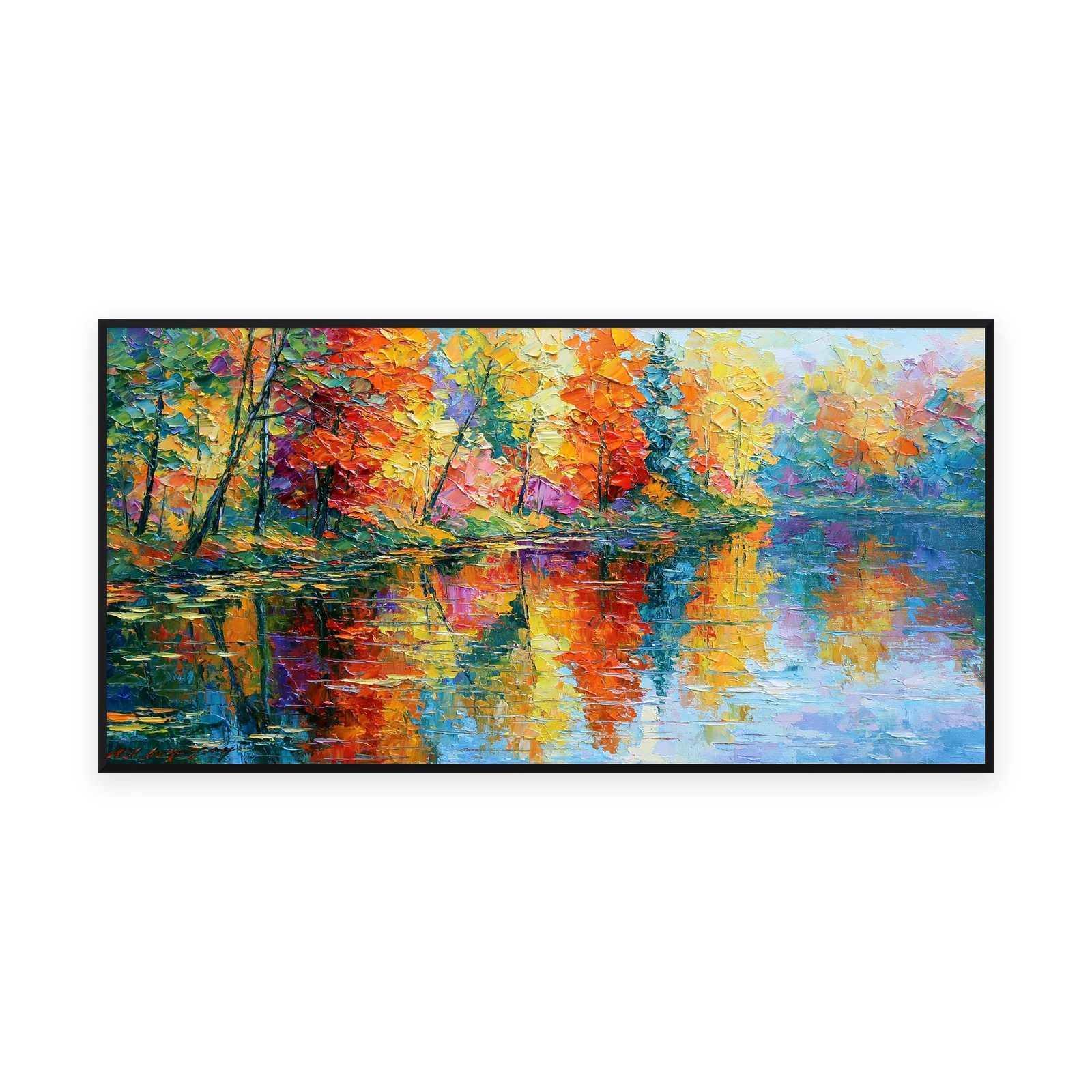 An oversized horizontal palette-knife painting of bright red, orange and gold autumn trees reflected in a calm lake, in thick impasto strokes of saturated color