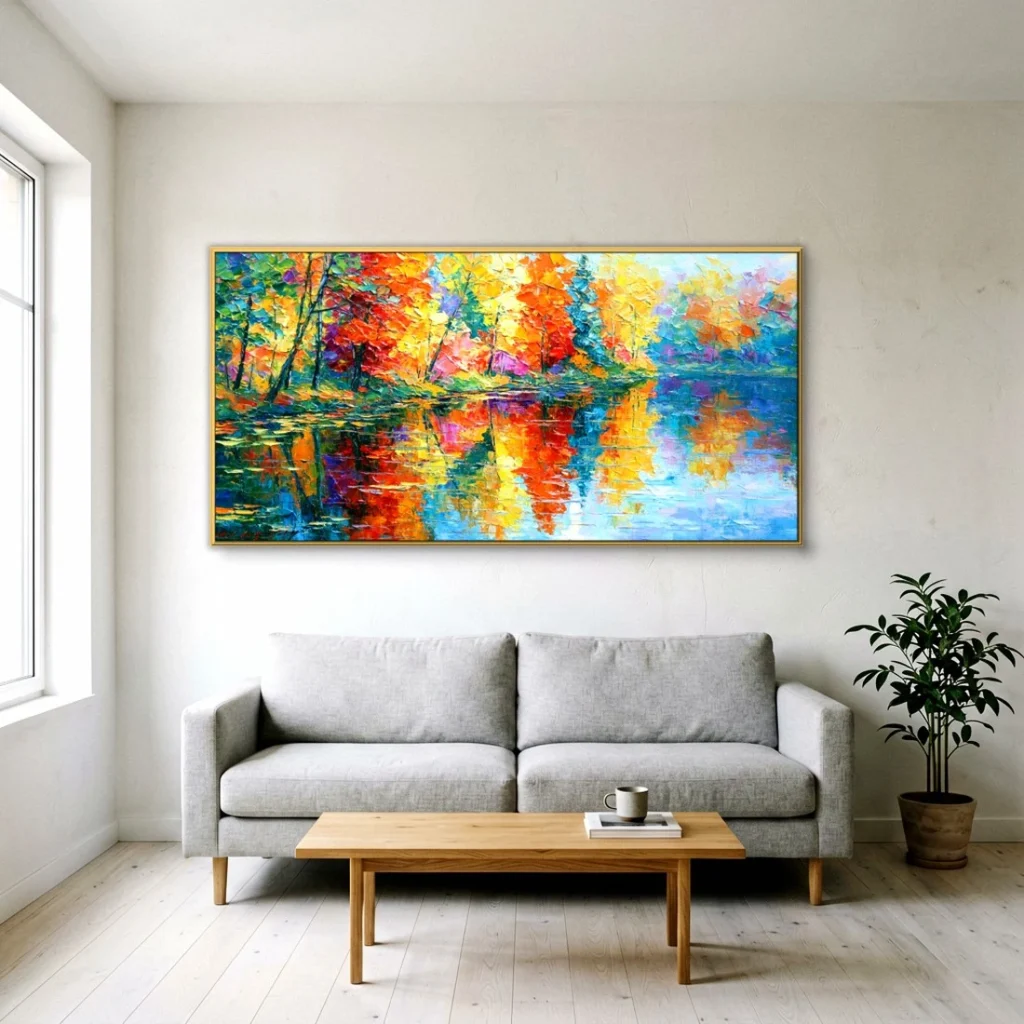 Autumn trees mirrored in a lake canvas in a Scandinavian living room