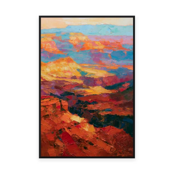 A tall vertical palette-knife painting of a deep canyon glowing red, orange and blue at sunset, in thick impasto strokes of saturated desert color down the layered rock walls