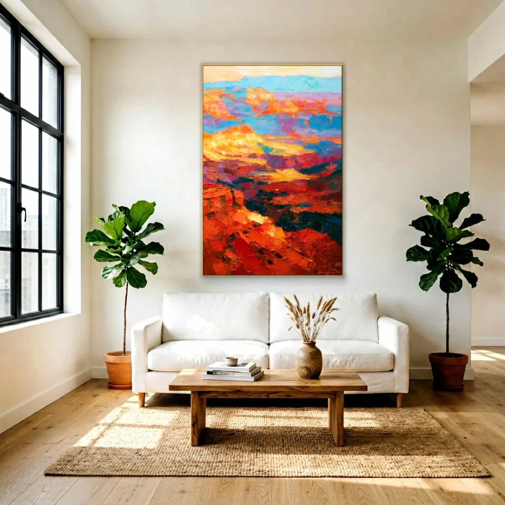 Glowing red canyon at sunset canvas in a bright living room