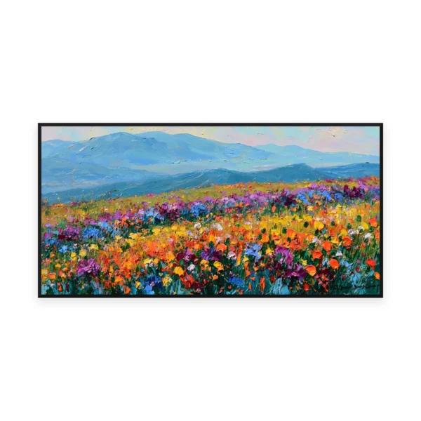 An oversized horizontal palette-knife painting of a meadow of red, purple and orange wildflowers rolling below soft blue mountains, in thick impasto strokes of saturated color