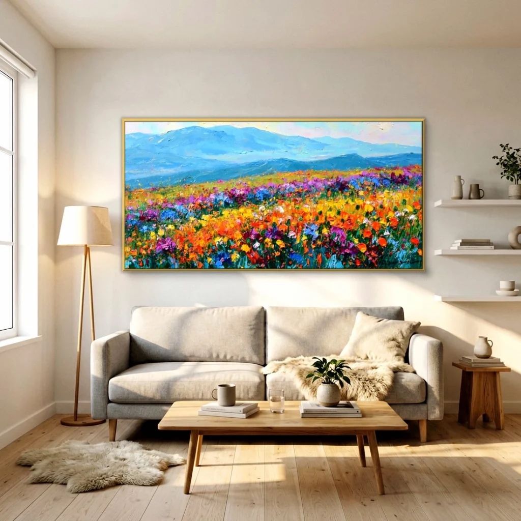 Wildflower meadow below blue mountains canvas in a bright living room
