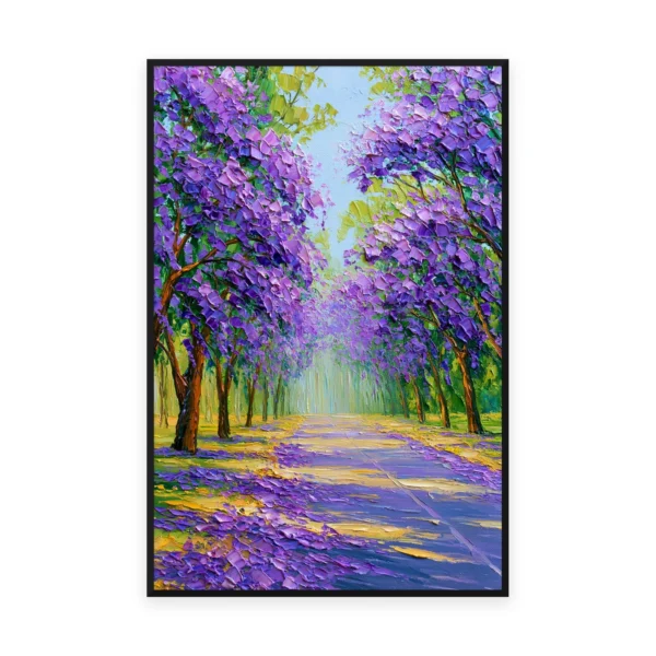 A tall vertical palette-knife painting of a purple jacaranda avenue arching over a path with fallen blossoms, in thick impasto strokes of saturated violet and gold