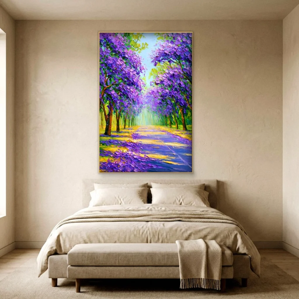 Purple jacaranda tree avenue canvas in a bedroom