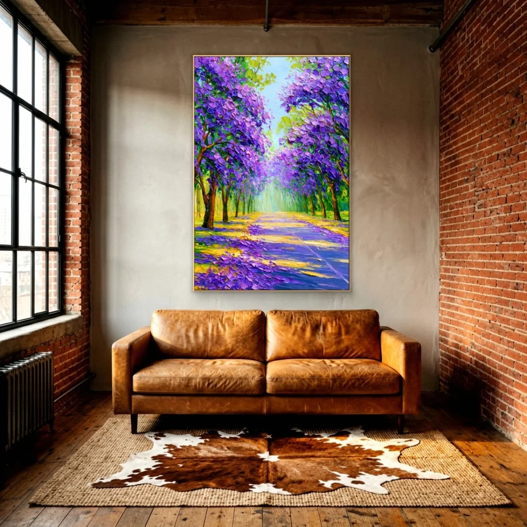 Purple jacaranda tree avenue canvas in an elegant living room