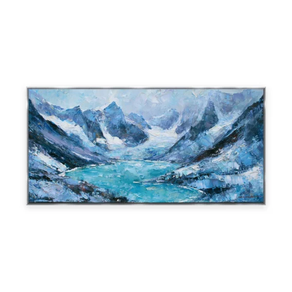 An oversized horizontal palette-knife painting of a turquoise alpine lake below snow-streaked grey peaks, in thick impasto strokes of cool saturated color with bright light