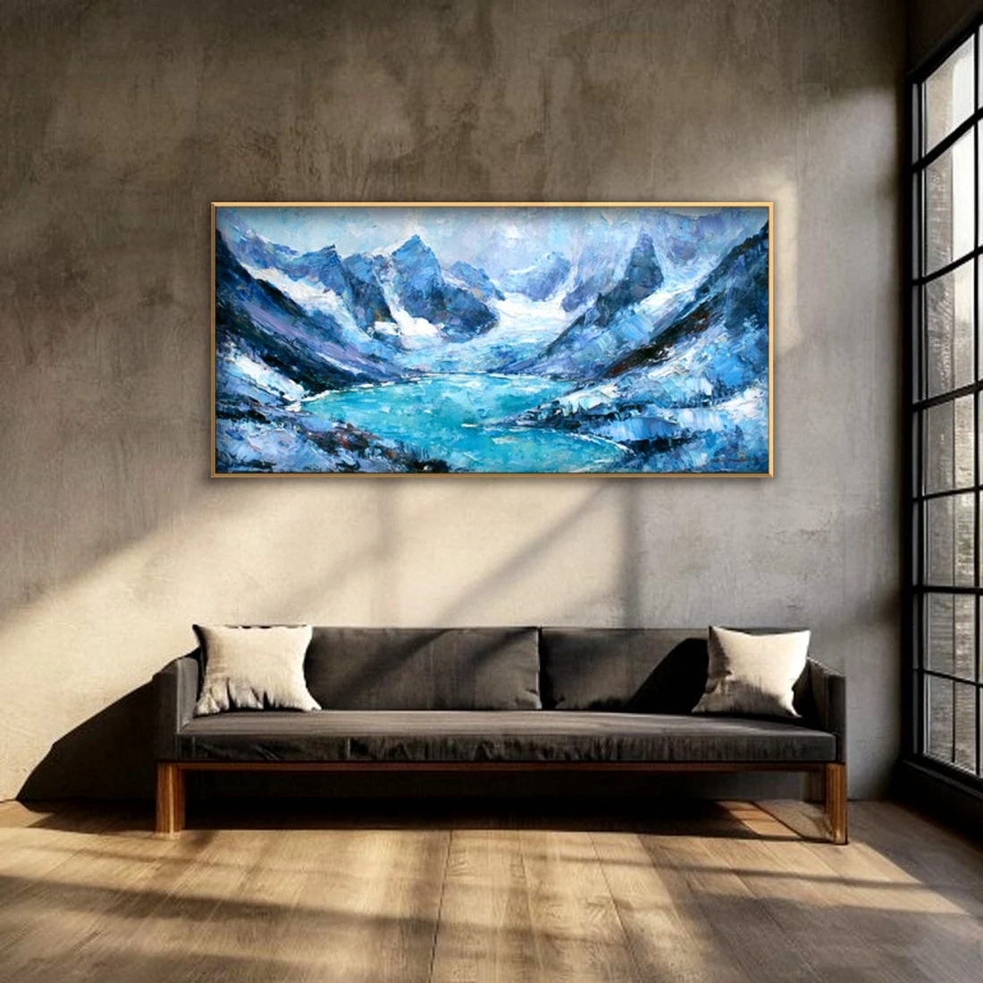 Turquoise alpine lake and peaks canvas in a moody living room