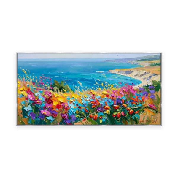 An oversized horizontal palette-knife painting of bright wildflowers crowding a slope above a turquoise bay, in thick impasto strokes of saturated lively color along the sunlit coast