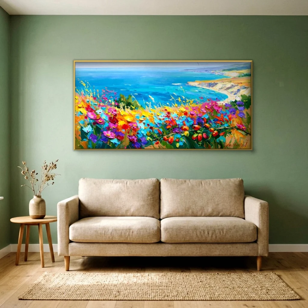 Wildflowers above a turquoise bay canvas in an elegant living room