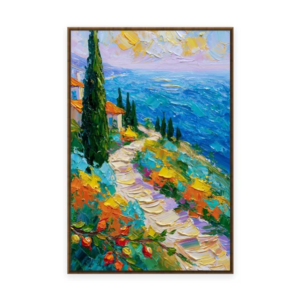 A tall vertical palette-knife painting of a flowering path winding past a tall cypress down to a blue bay, in thick impasto strokes of saturated lively color with bright light