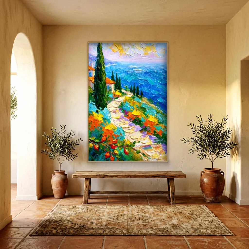 Cypress path to a blue bay canvas in an elegant living room