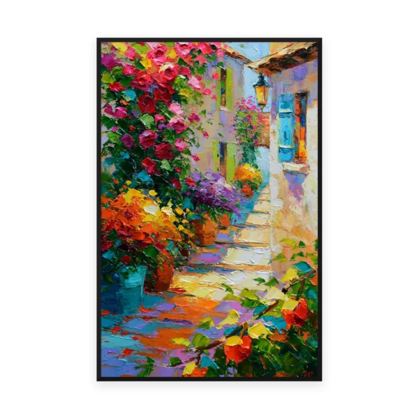 A tall vertical palette-knife painting of a sunlit village stairway overflowing with pink and red bougainvillea and potted flowers, in thick impasto strokes of saturated lively color