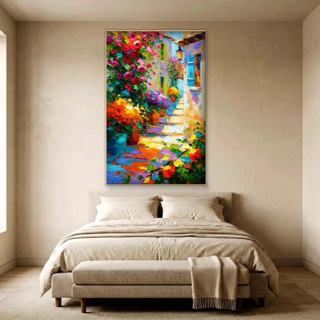 Bougainvillea village steps canvas in a bedroom